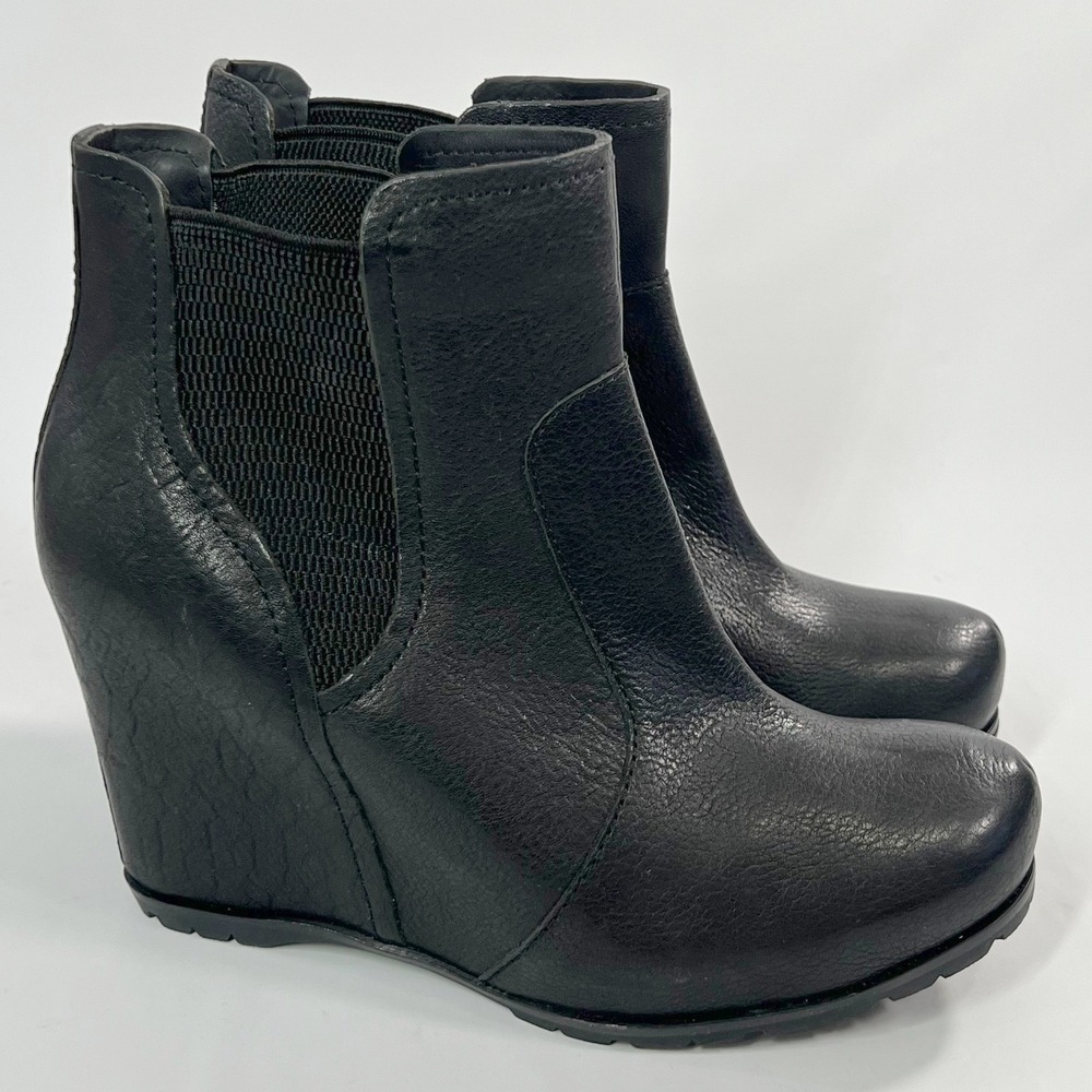 Kork-Ease Neville Black Full Grain Leather Chelsea Platform Wedge Boots 7.5M